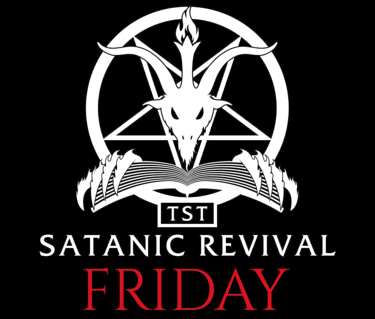 Satanic Revival logo with black background and the word Friday in red text below the logo