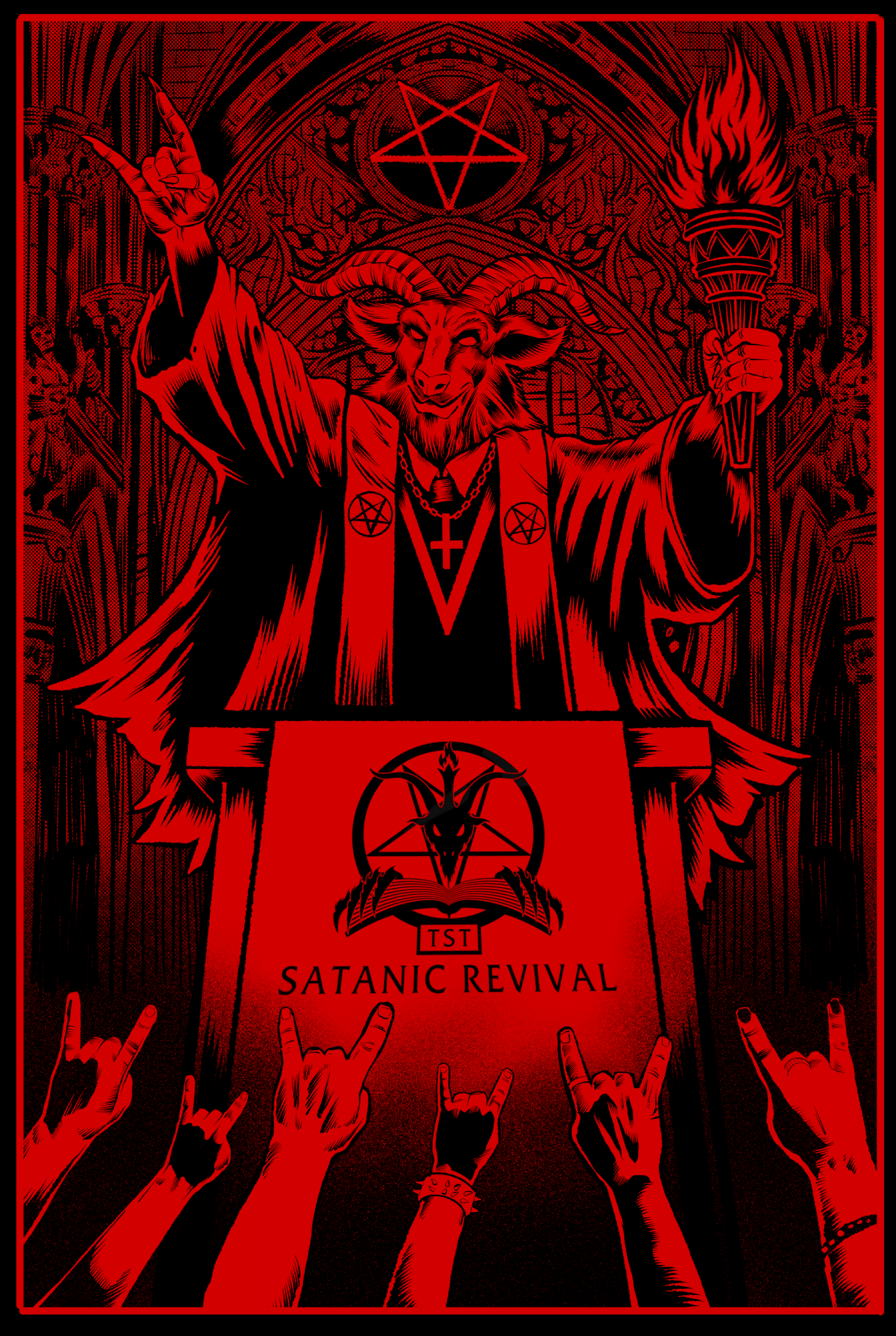 Promotional poster for TST's Satanic Revival with black background and red text showing a baphomet figure at a podium
