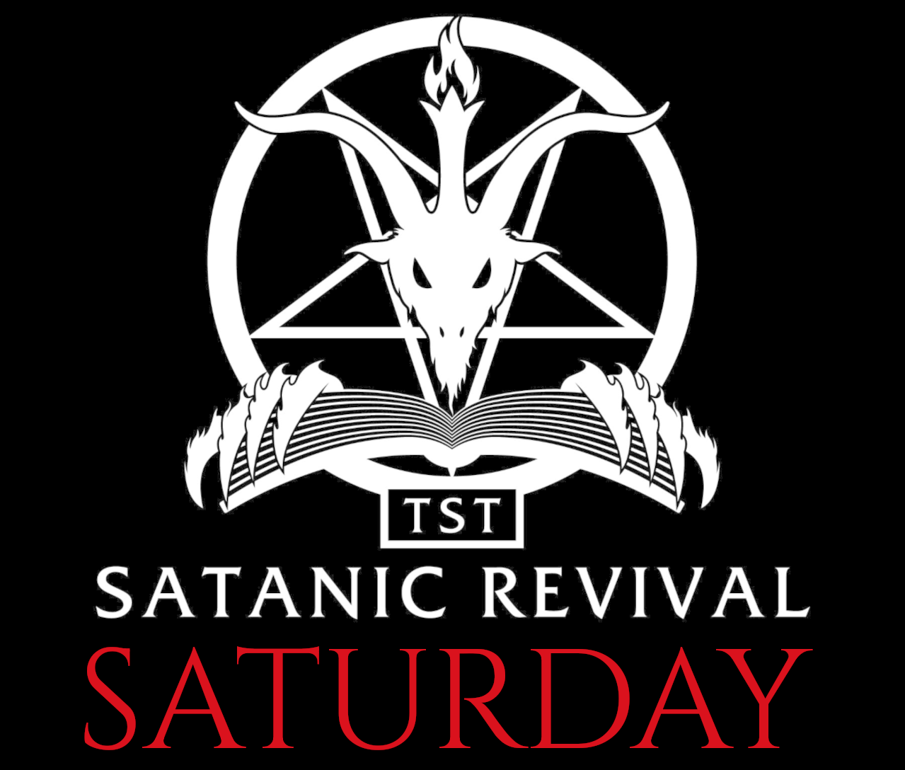 Satanic Revival logo with black background and the word Saturday in red text below the logo