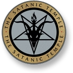 Logo of the Satanic Temple with a pentagram symbol on a black background